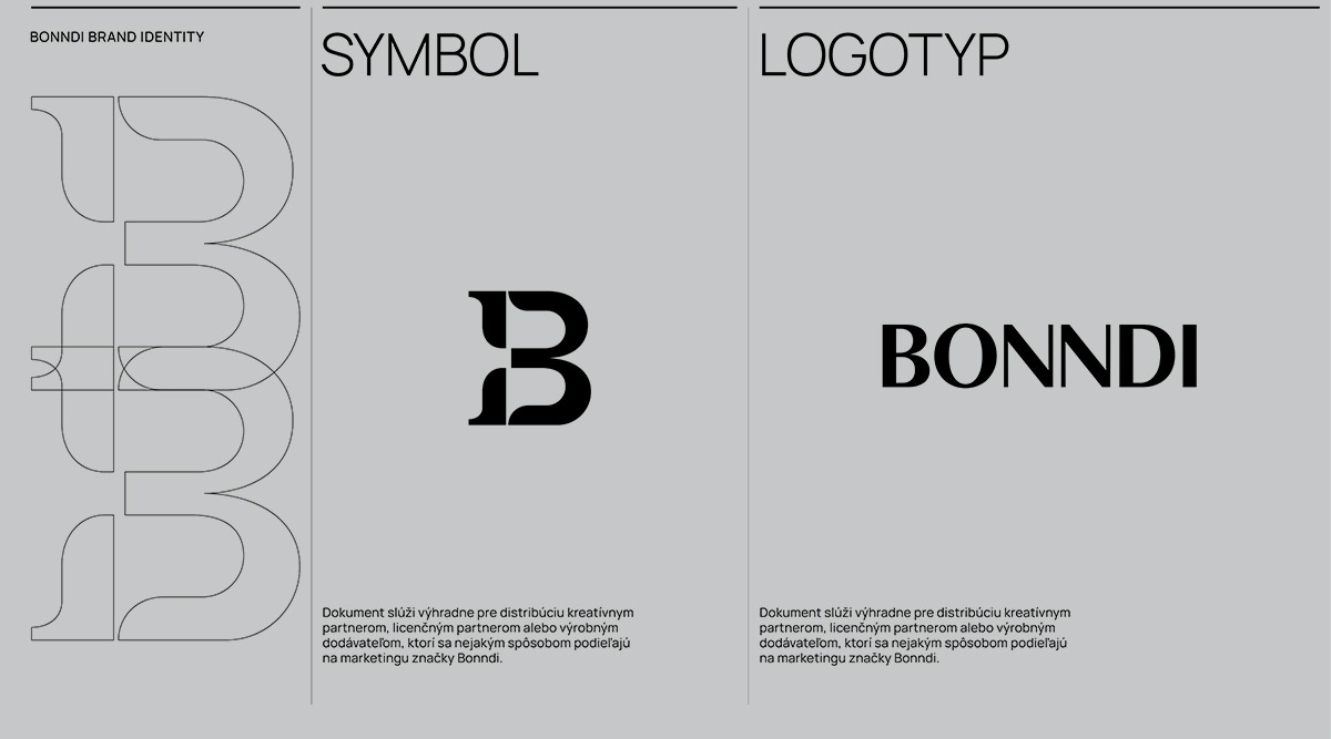 Vizualizácia identity značky BONNDI – logo a symbol značky na neutrálnej sivej grafike.